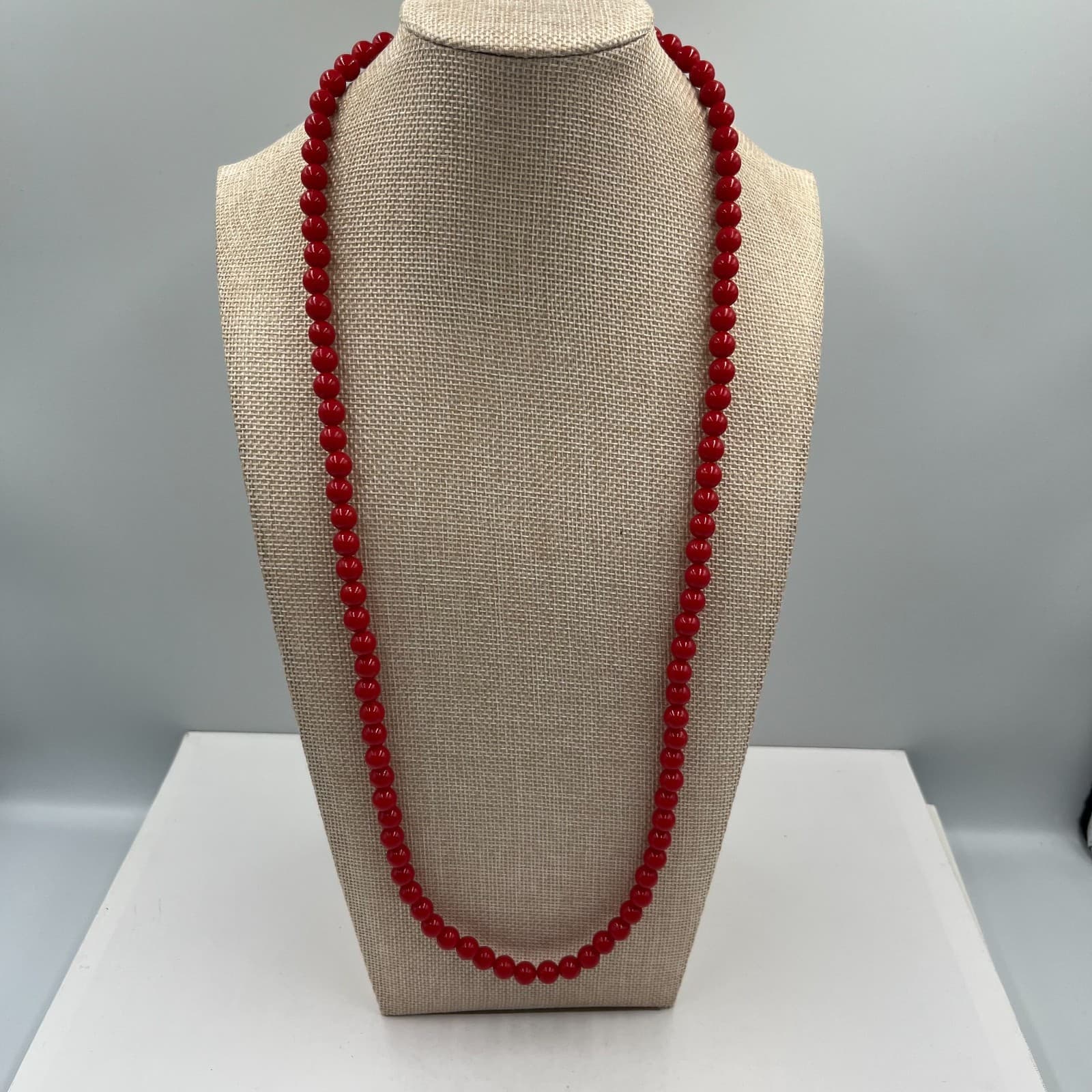 Vintage Red Bead Necklace Single Strand 30" Opera Length Bold Statement Jewelry - Image 1