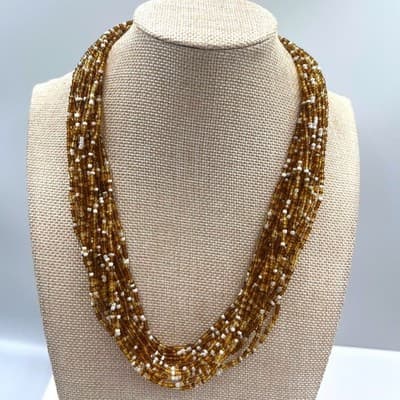 Vintage Gold & White Multi Strand Seed Bead Necklace Layered Statement Collar - Image 1