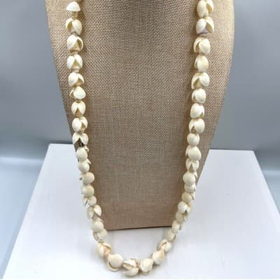 Vintage Shell Beaded Necklace Long Strand White Shell Coastal Boho Statement - Image 1