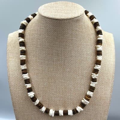 Vintage Brown White Coconut Shell Bead Necklace Natural Surfer Beach Style 20" - Image 1