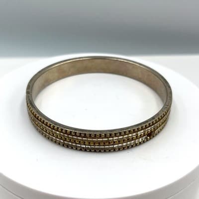 Vintage Silver Tone Multi Row Beaded Bangle Bracelet Mixed Metal Textured Retro - Image 1