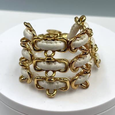 Vintage New York Gold Tone White Faux Leather Multi Row Cuff Bracelet Statement - Image 1