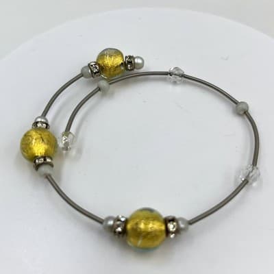 Vintage Adjustable Wire Bangle Bracelet Gold Foil Glass Beads Rhinestone Accents - Image 1
