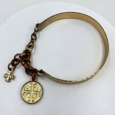 Vintage Hammered Gold Tone Bangle Bracelet w/ Charm Dangles Cross Medallion - Image 1