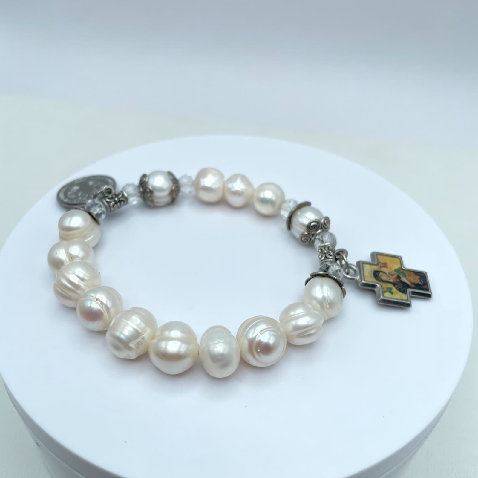 Religious Silver-Tone Mother Of Pearl Enamel Cross Charm Rosary Bracelet - Image 1