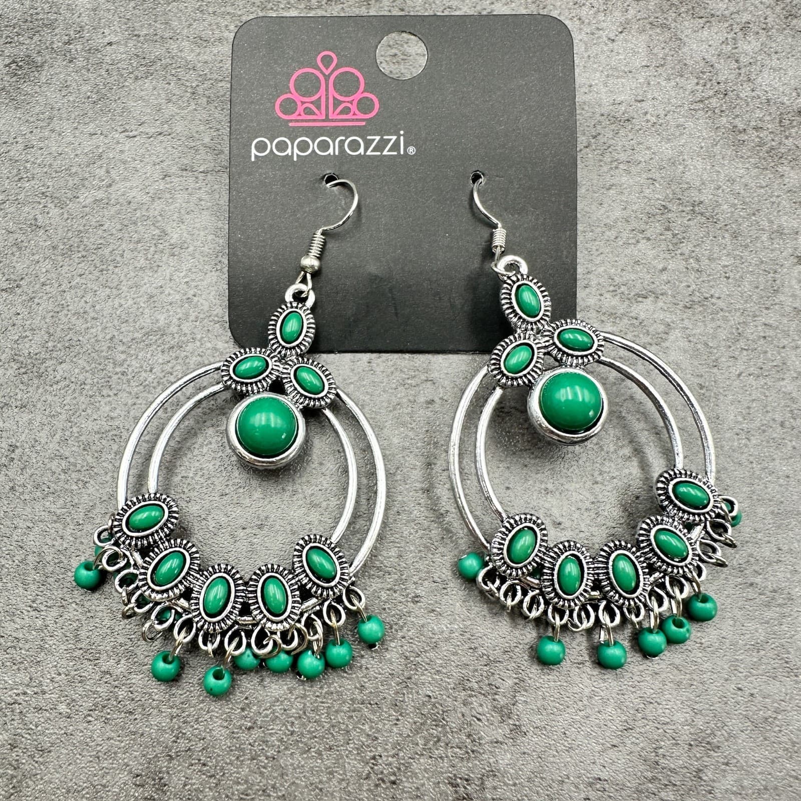 Paparazzi Green Oval & Bead Fringe Silver-Tone Boho Statement Earrings - Image 1