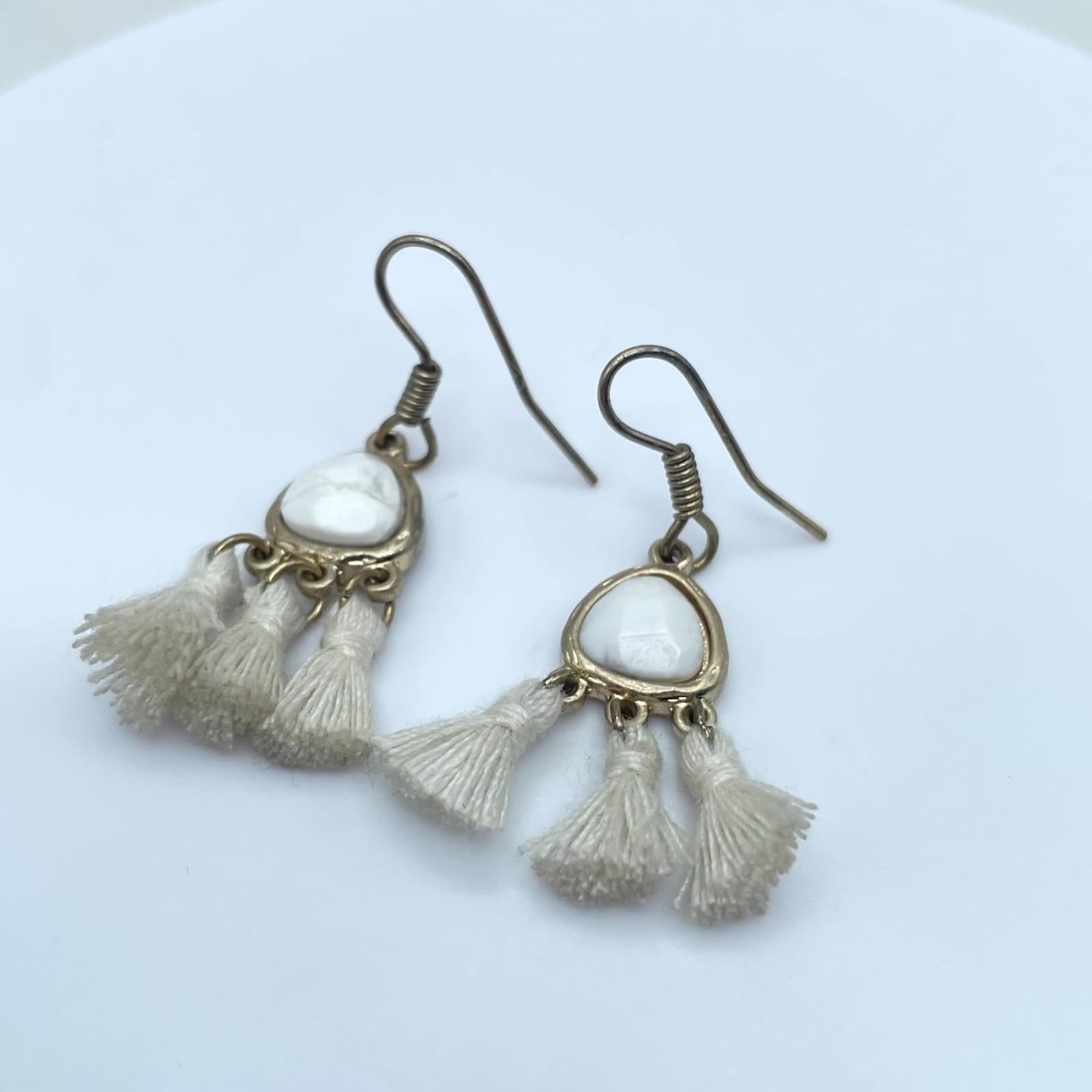 Boho-Chic Western Gold-Tone Howlite Center Tassel Dangle French Hook Earrings - Image 1