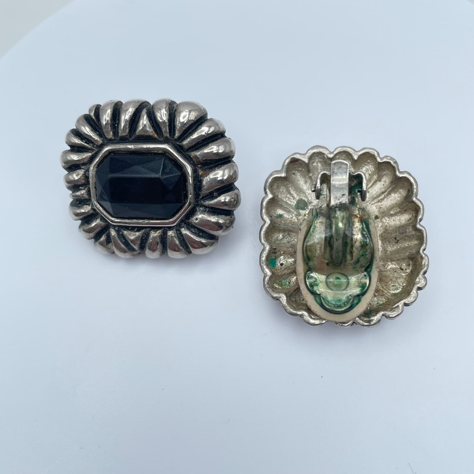Vintage 90s Black Emerald Cut Crystal Clip On Earrings Silver Tone Jewelry - Image 1