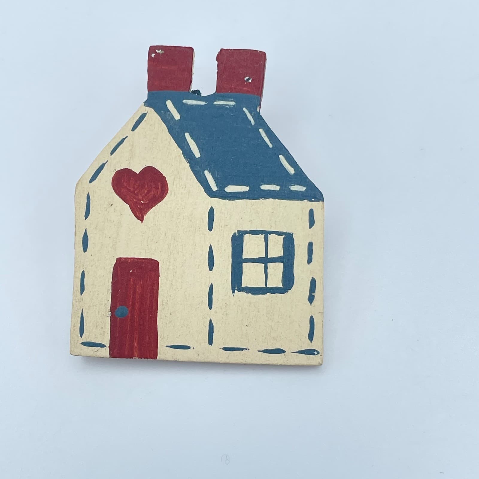Vintage 90s Hand Painted Wooden House Brooch Pin Art Women's Classic Jewelry - Image 1