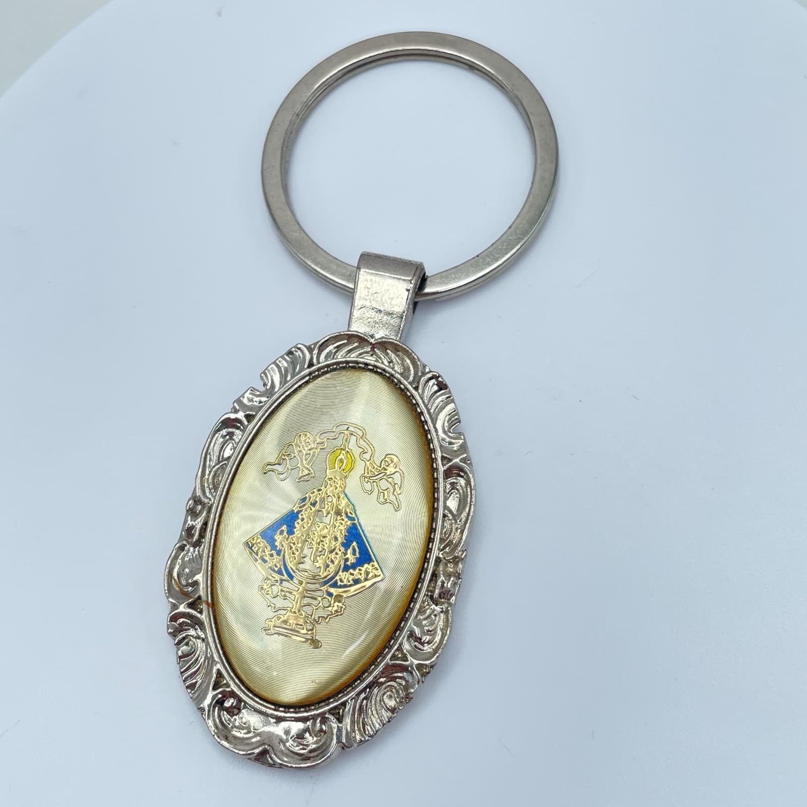 Vintage 90s Blue Enamel Religious Oval Pendant Keychain Silver Tone Jewelry - Image 1