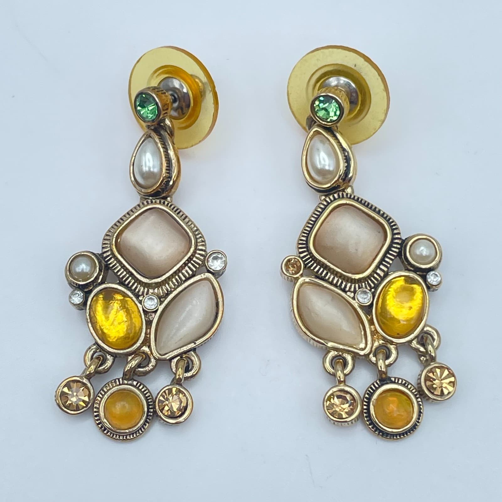 Vintage Y2K Gold Tone Dangle Earrings Rhinestone Glass Statement Women's Jewelry - Image 1