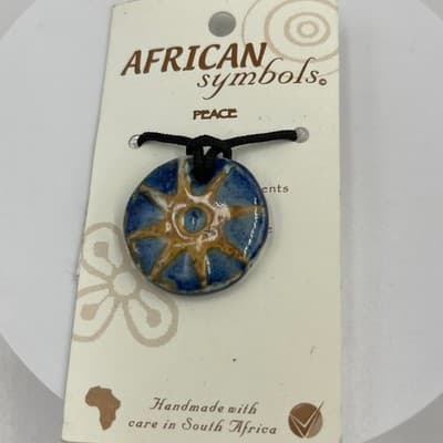 Vintage Handmade African Symbols Peace Pendant Necklace Clay Disk Blue Cord - Image 1