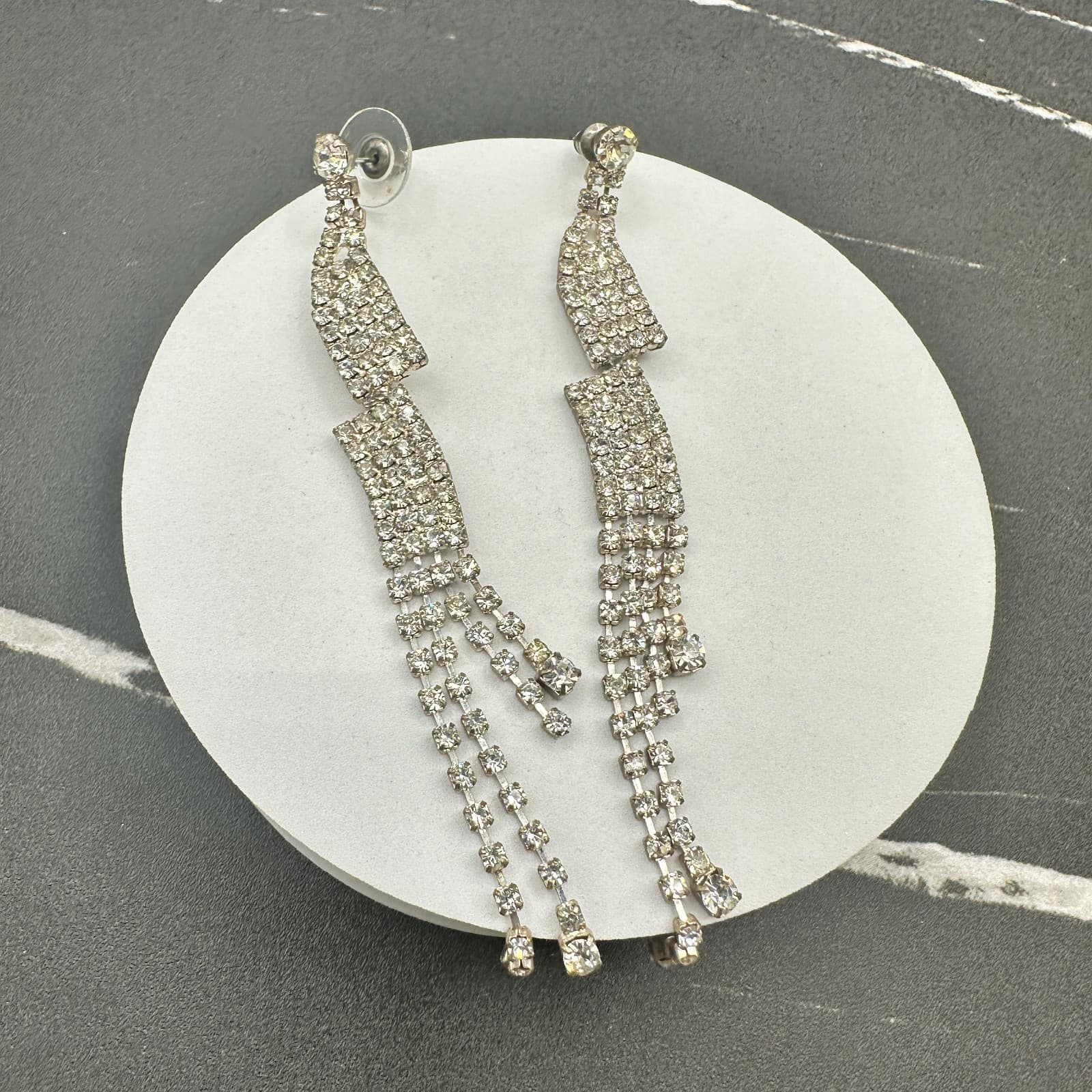 VTG Long Waterfall Earrings Clear Rhinestone Silver Tone Dangle Sparkle Party - Image 1