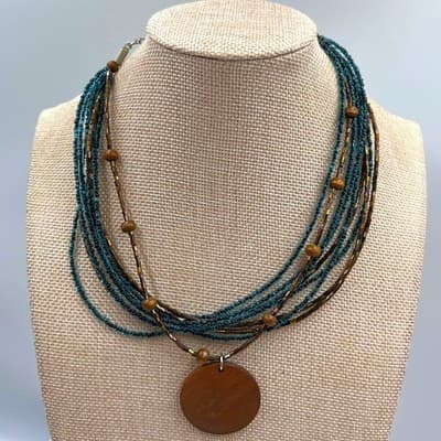 Vintage Multi Strand Teal Seed Bead Necklace Wood Pendant Layered Boho Statement - Image 1