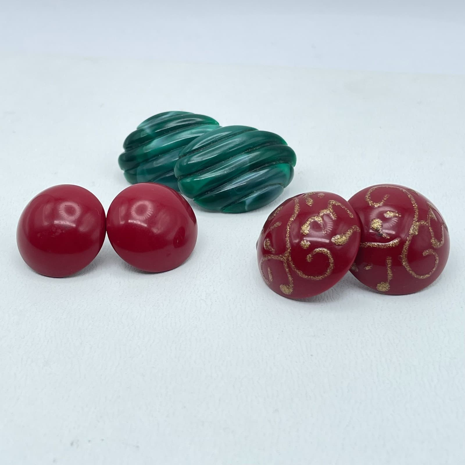 Lot of 3 VTG Silver-Tone Malachite-Style Green Burgundy Button Stud Earrings - Image 1