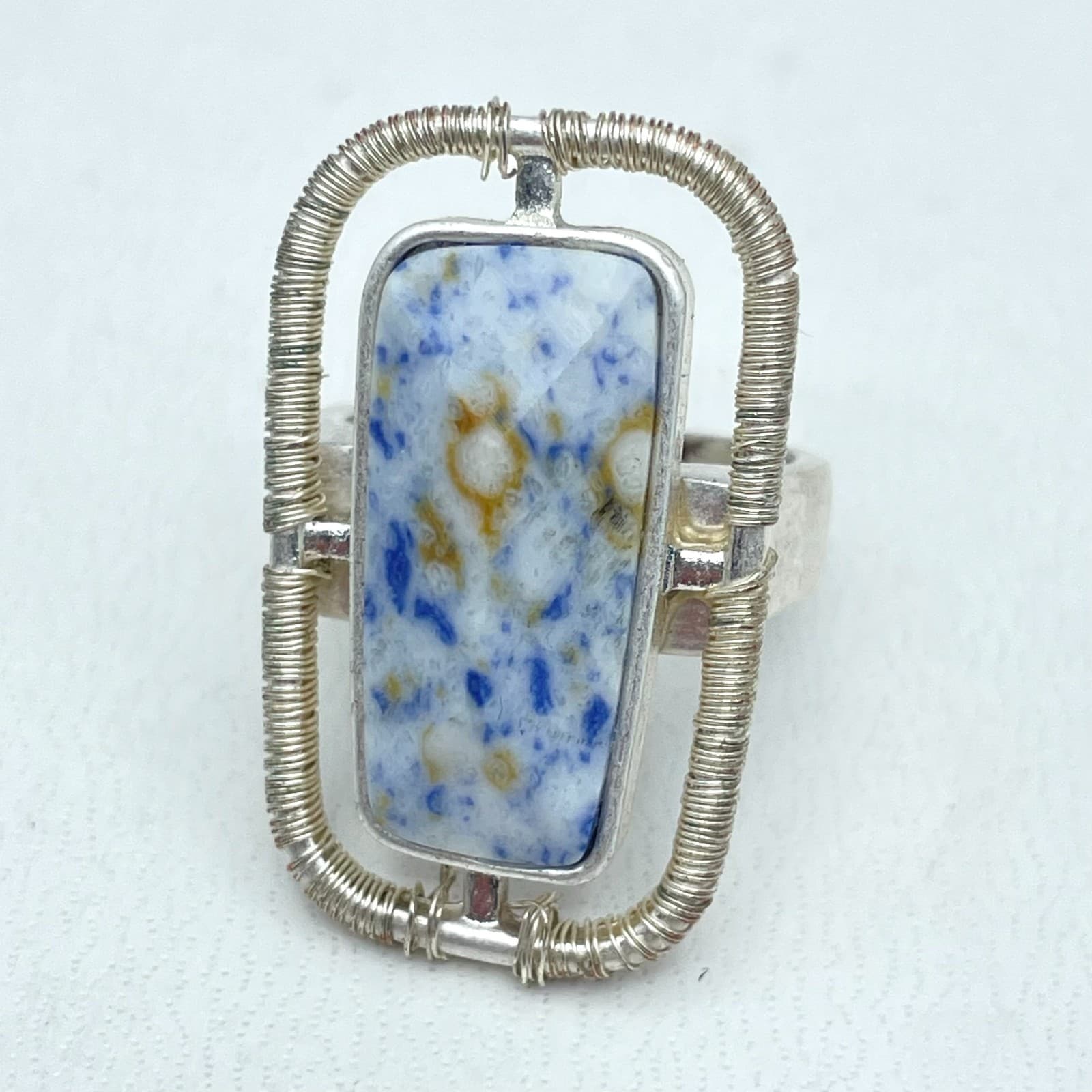 Retro Silver-Tone Blue White Rectangular Scheelite Top Wire-Wrapped Details Ring - Image 1