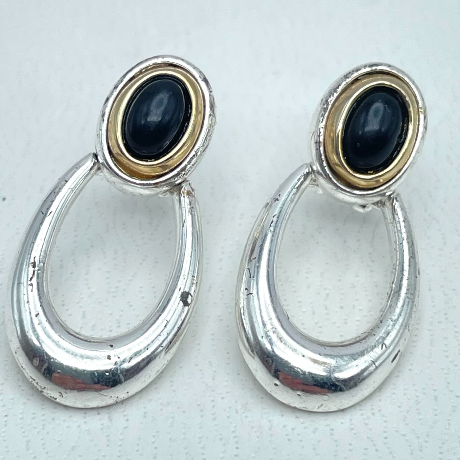 Classic Two-Tone Fashion Black Onyx Center Hoop Drop Dangle Post Back Earrings - Image 1