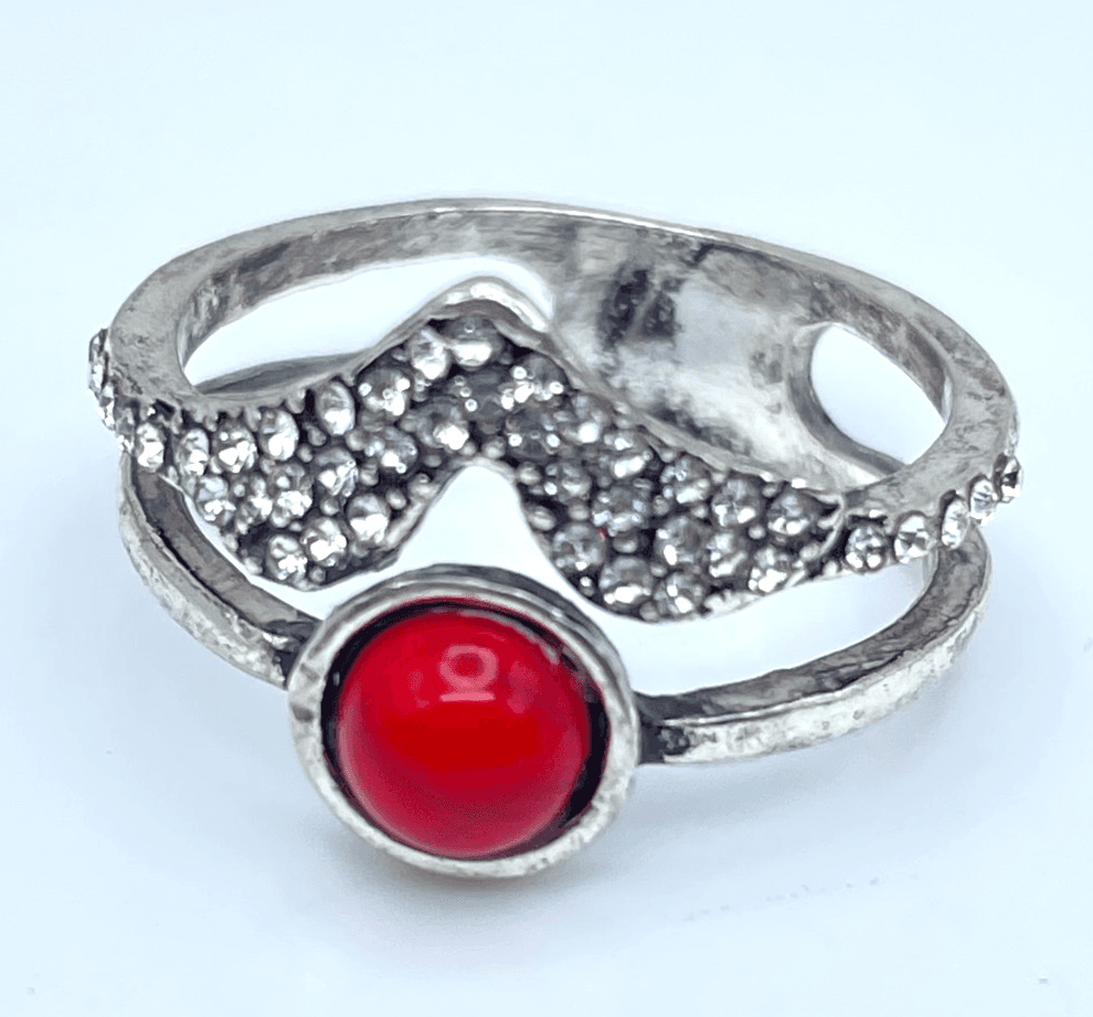 Southwestern Silver-Tone Coral Beads Pave Rhinestone Stacked-Look Layered Ring - Image 1