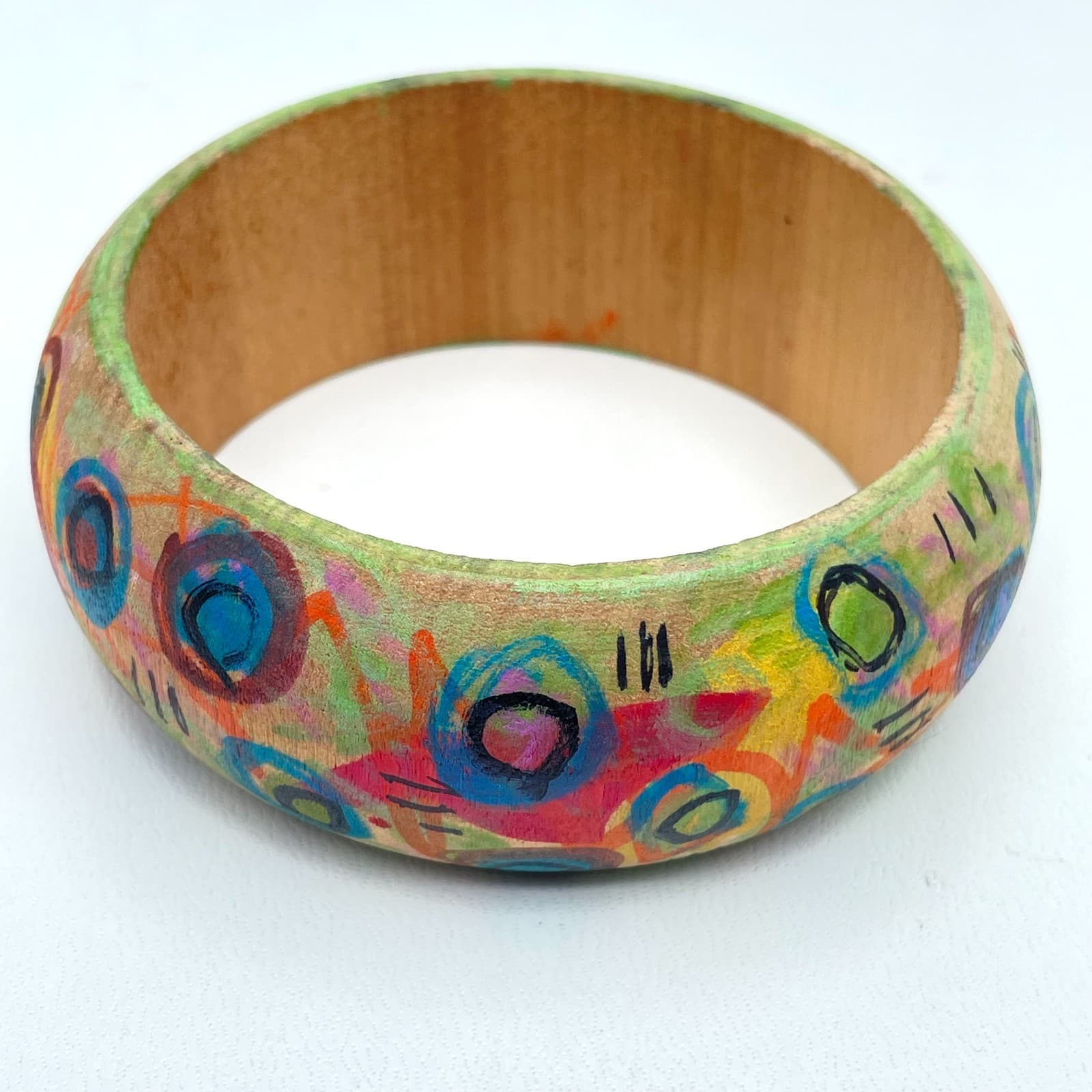 Boho-Chic Hand-Painted Tan Abstract Expressionist Wooden Chunky Bangle Bracelet - Image 1