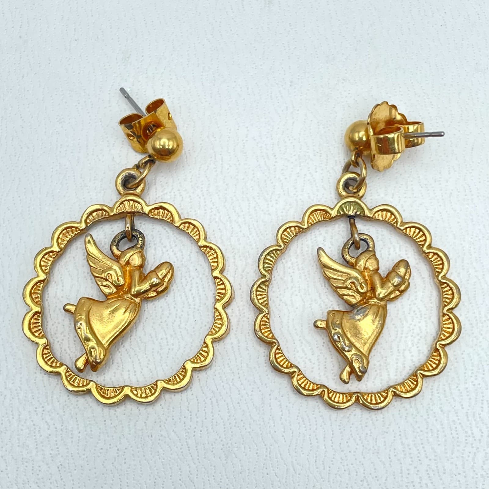 Vintage Gold-Tone Engraved Metal Soaring Angel Dangle Butterfly Back Earrings - Image 1