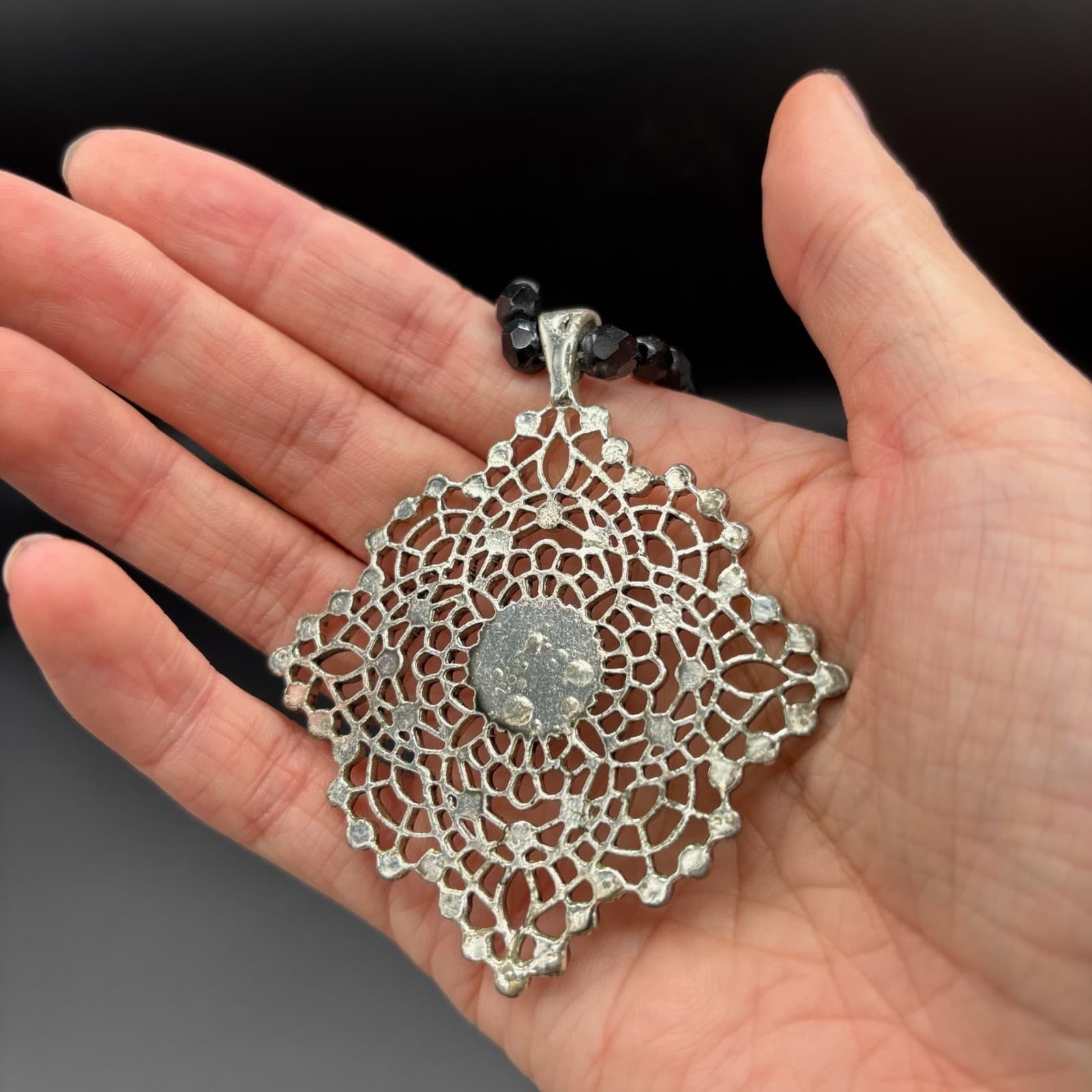 Vintage Black Faceted Red Oval Beads Ornate Silver-Tone Charm Necklace - Image 1