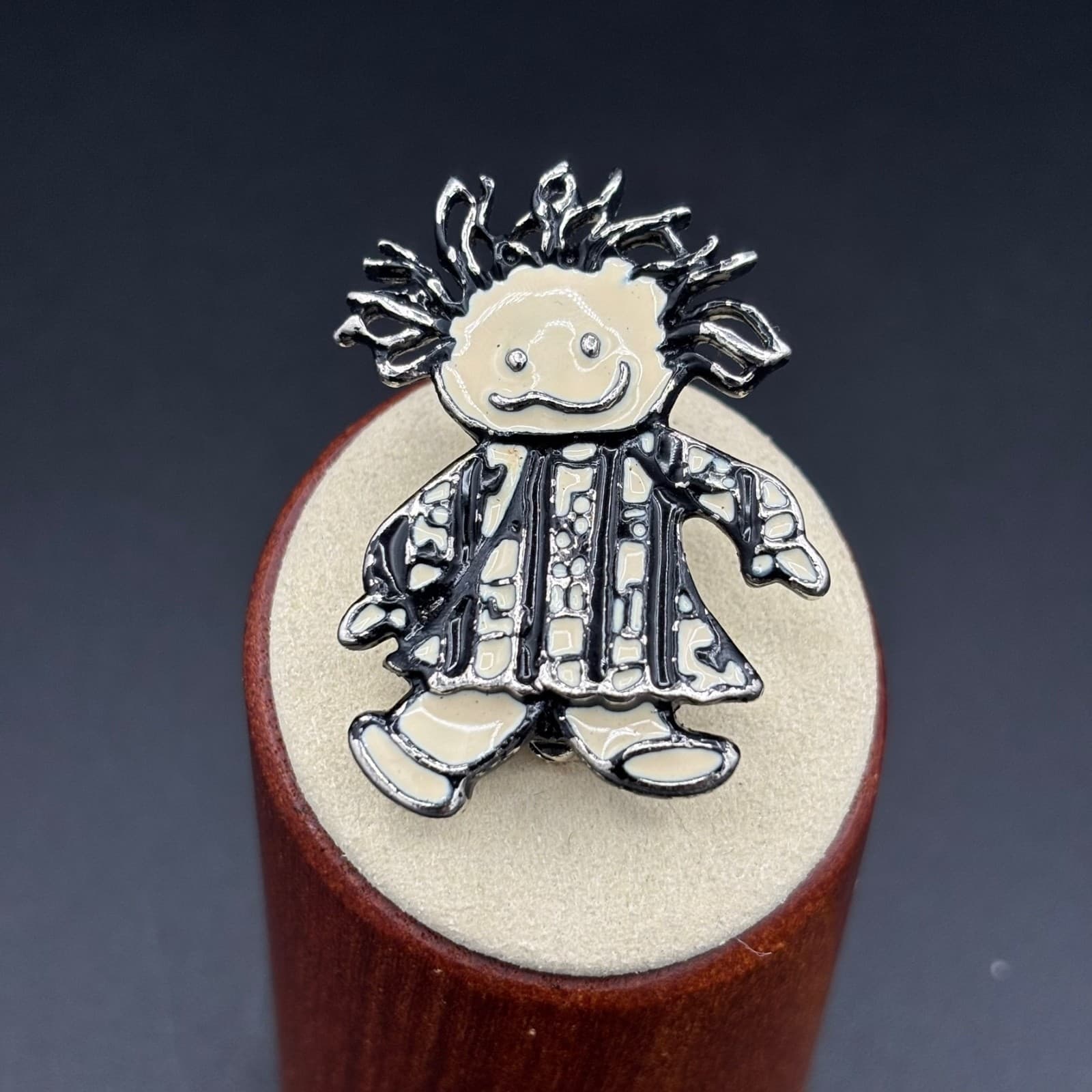 Vintage 1970s Black & White Enamel Wild Hair Art Girl Stripes Dress Brooch Pin - Image 1