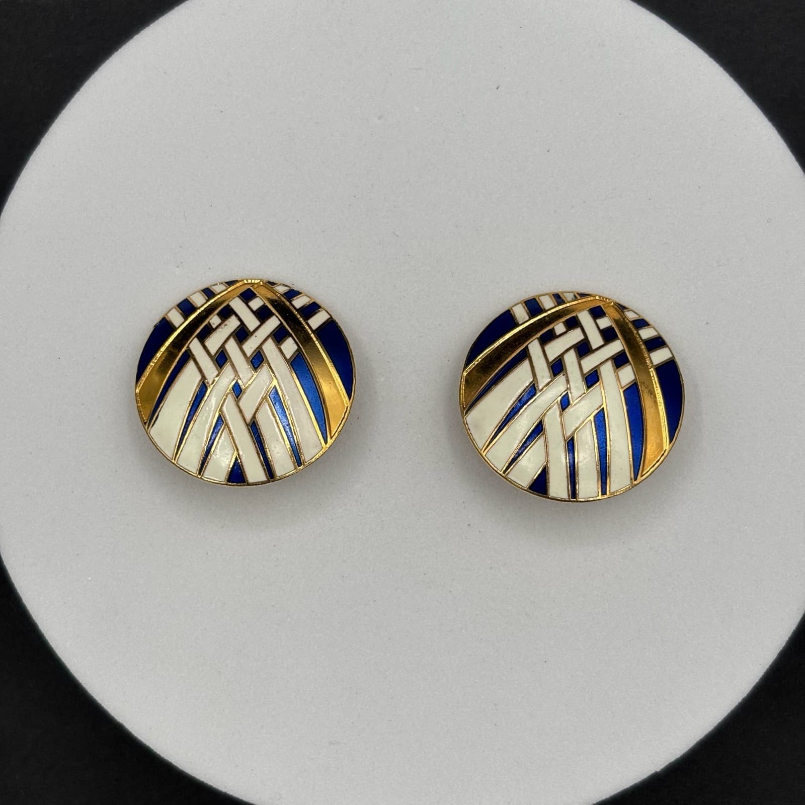 Vintage Gold Enamel Clip-On Earrings Blue White Art Deco Geometric Round - Image 1