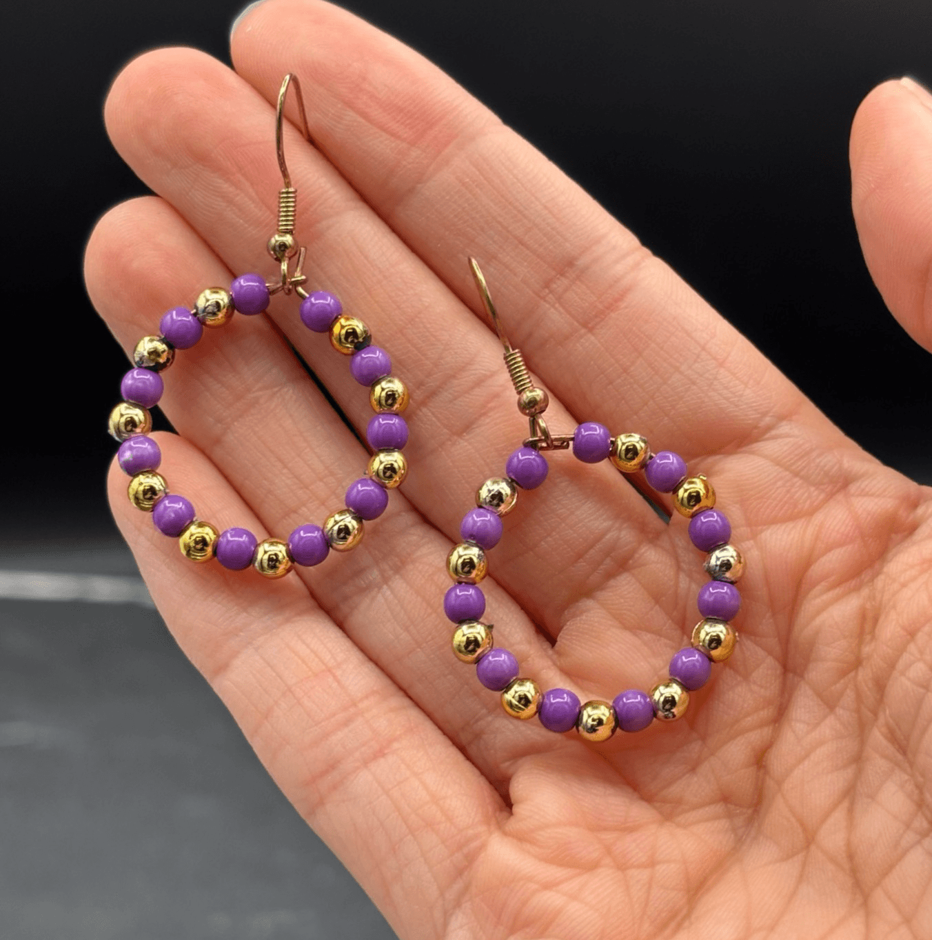 Vintage 80s 90s Y2K Purple & Gold Beaded Hoop Earrings Retro Fun Statement Style - Image 1