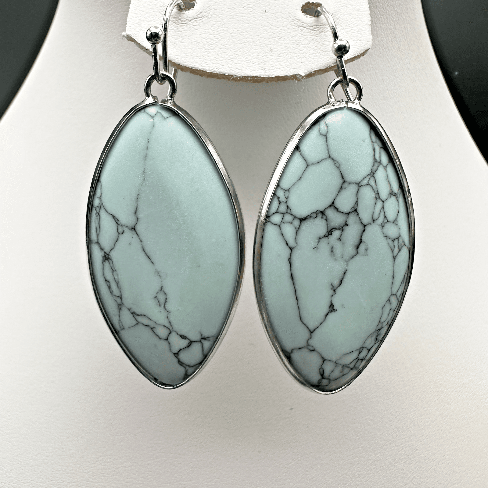 Vintage Light Green Marquise Stone Dangle Earrings Silver Tone Boho Jewelry - Image 1