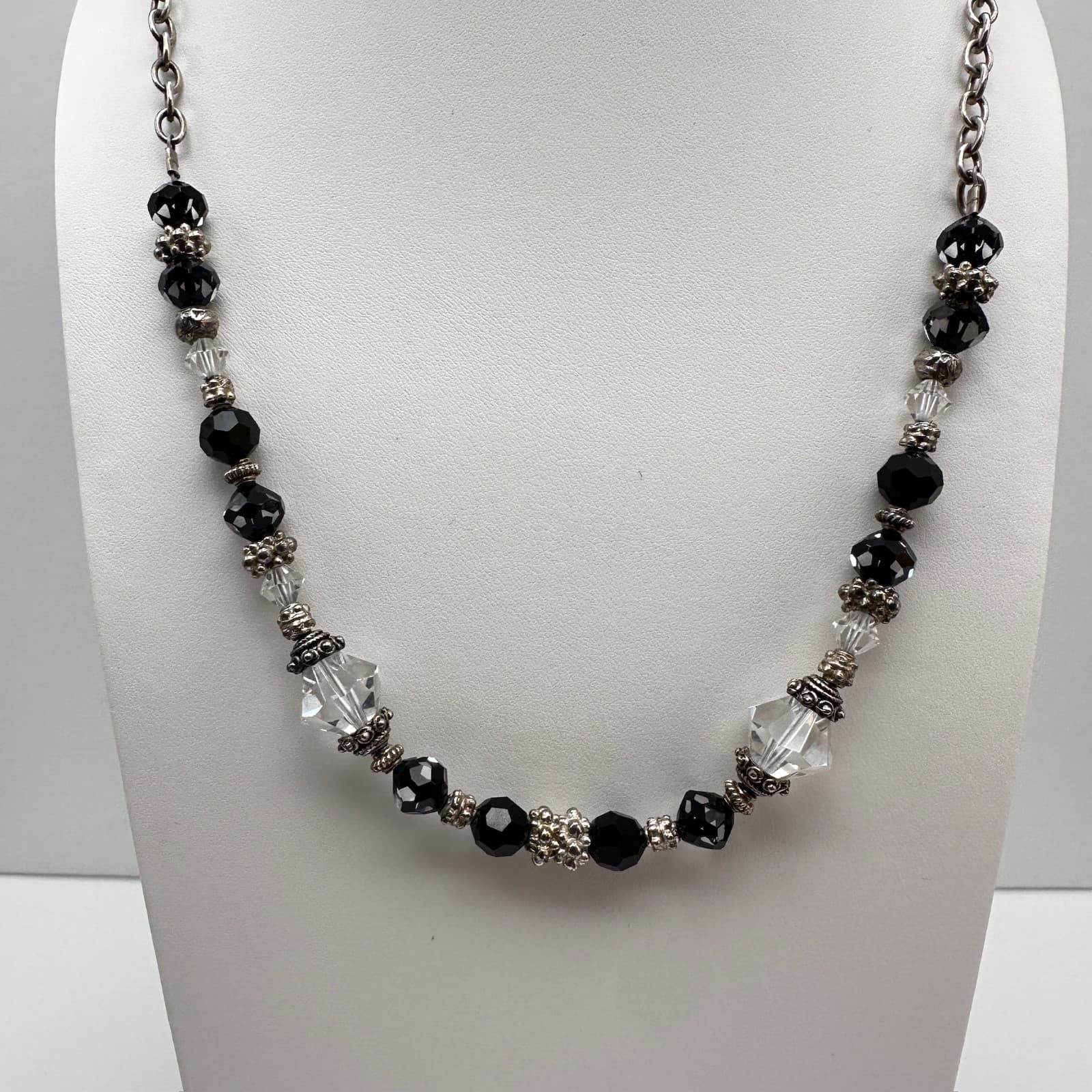 Black & Clear Crystal Beaded Necklace Silver Tone Vintage Y2K Gothic Chic - Image 1