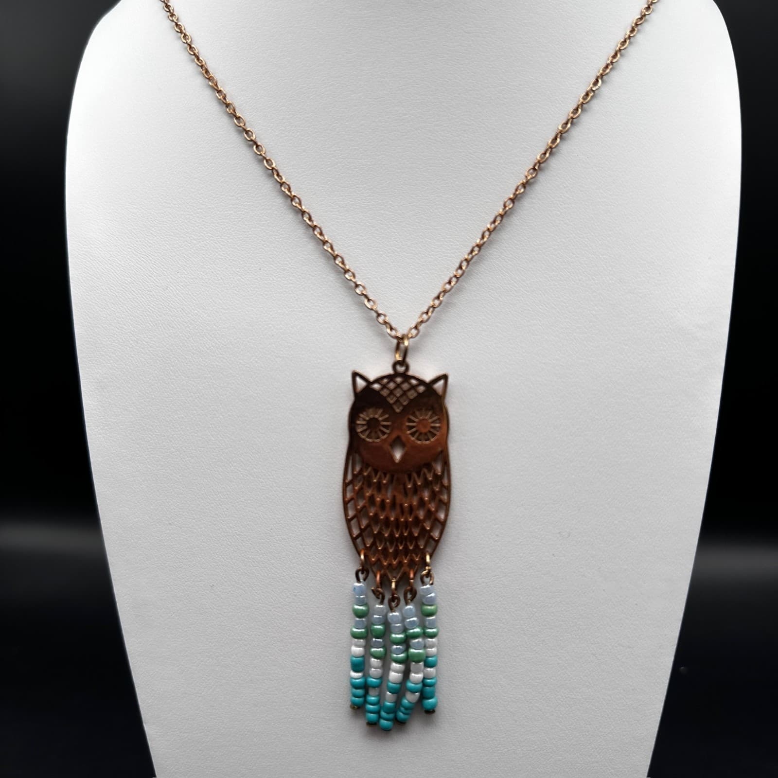 Vintage 90s Owl Pendant Necklace Gold Tone Beaded Tassel Boho Jewelry - Image 1