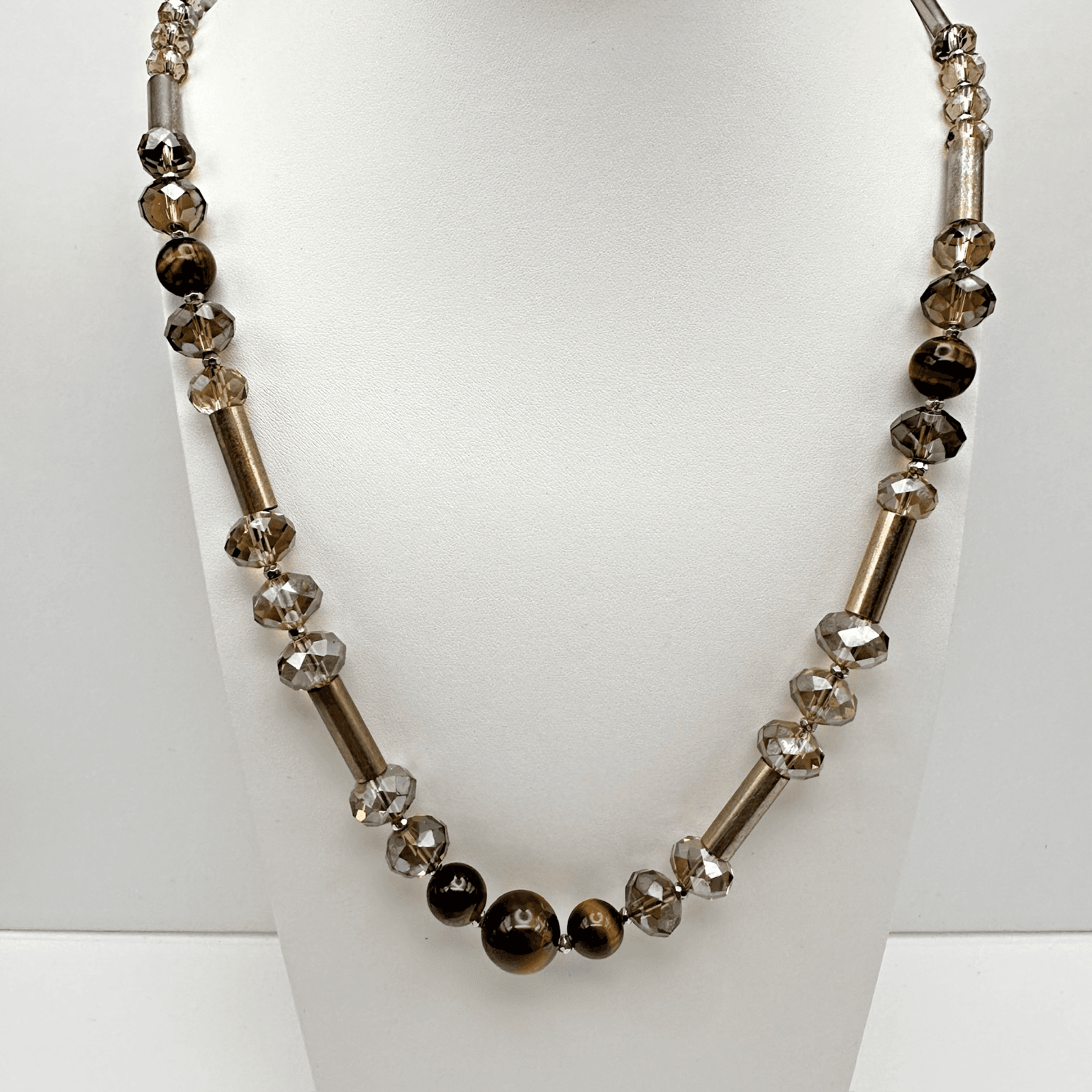 Vintage 90s LOFT Necklace Tiger's Eye Smokey Glass Bronze Tone Beaded Earthy - Image 1