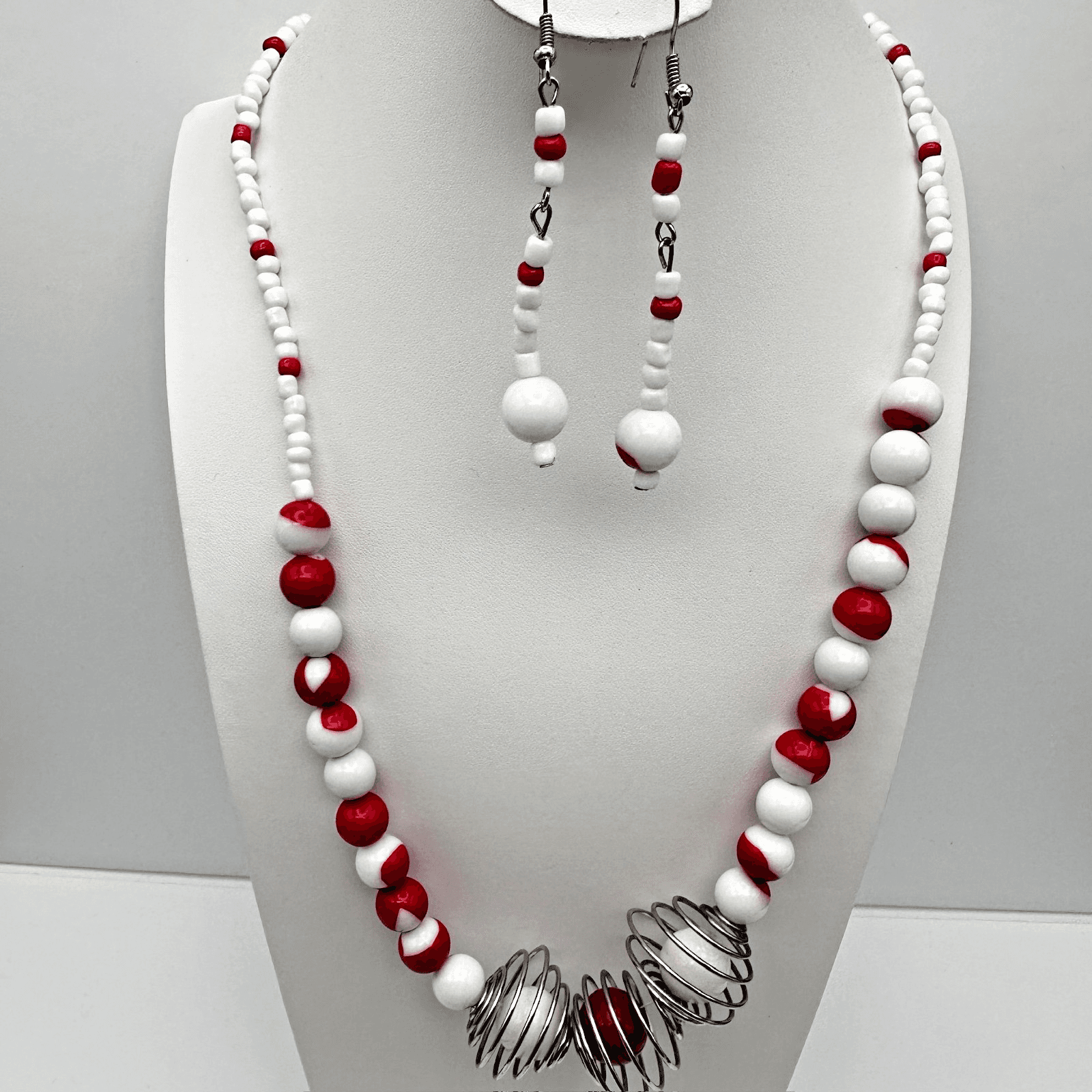 Vintage 90s Red White Bead Necklace Cage Dangle Earrings Silver Tone Jewelry set - Image 1
