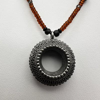 Vintage 90s Brown Amber Glass Bead Necklace Silver Tone Filigree Circle Pendant - Image 1