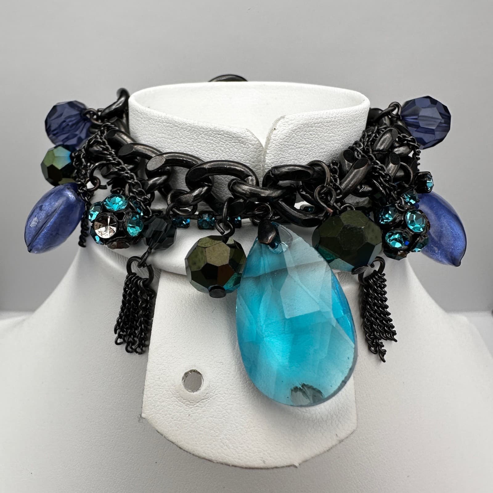 Vintage 90s Blue Crystal Charm Bracelet Silver Tone Mixed Bead Women's Jewelry - Image 1