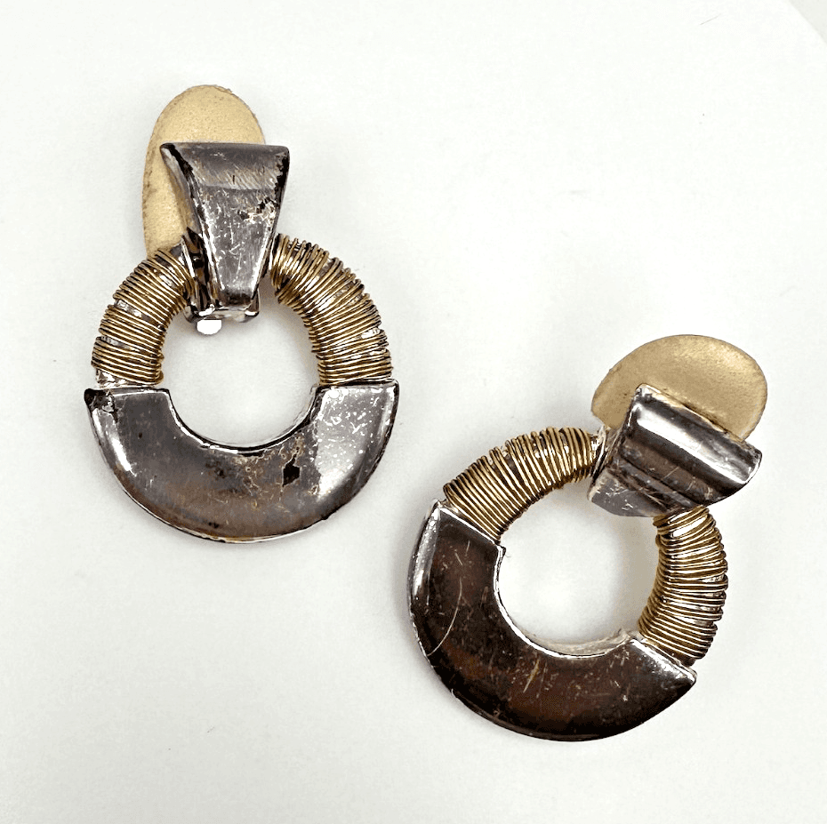 Vintage 80s Two Tone Door Knocker Clip On Earrings Wire Wrapped Women's Jewelry - Image 1