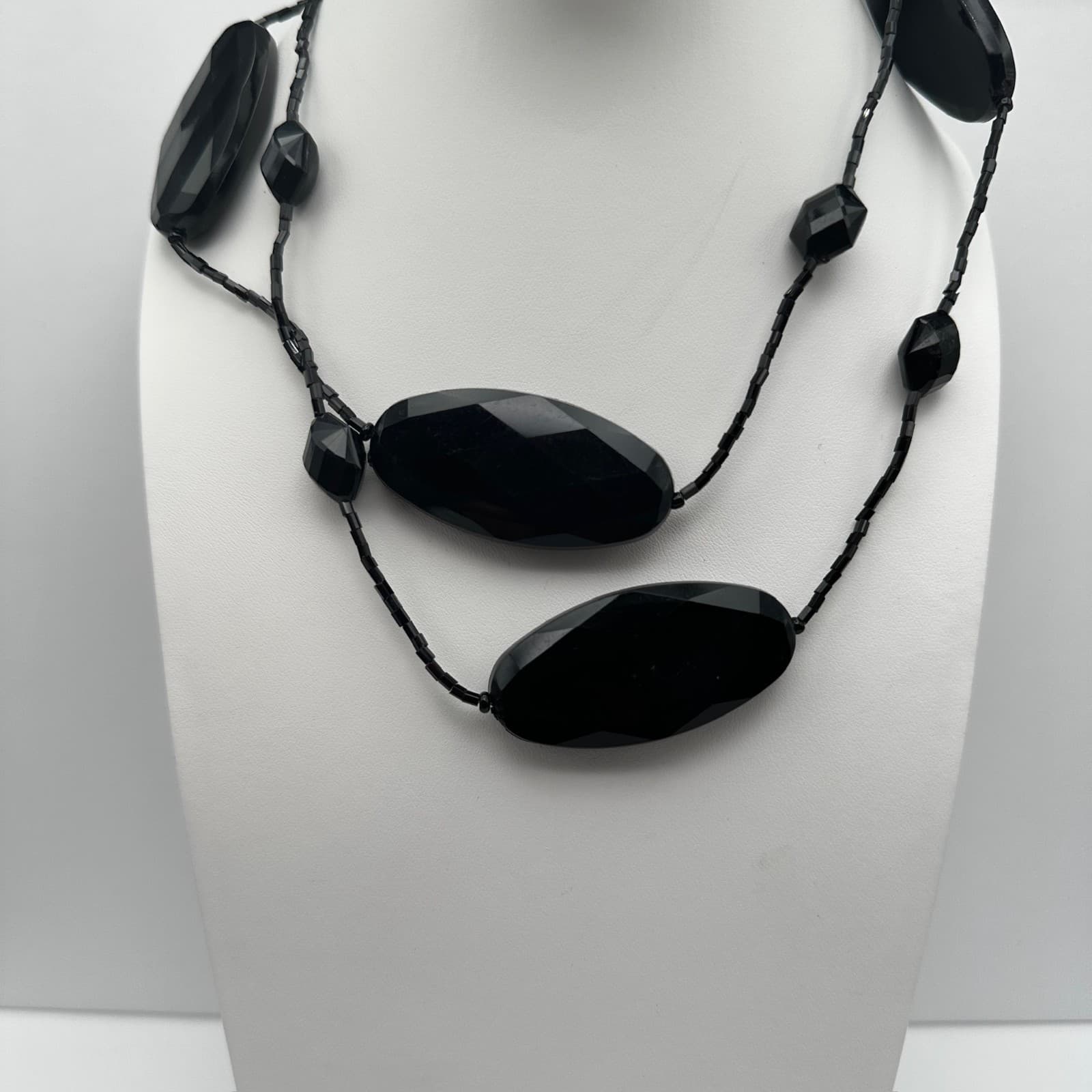 Vintage 90s Black Faceted Beaded Necklace Multi Strand Silver Tone Jewelry - Image 1