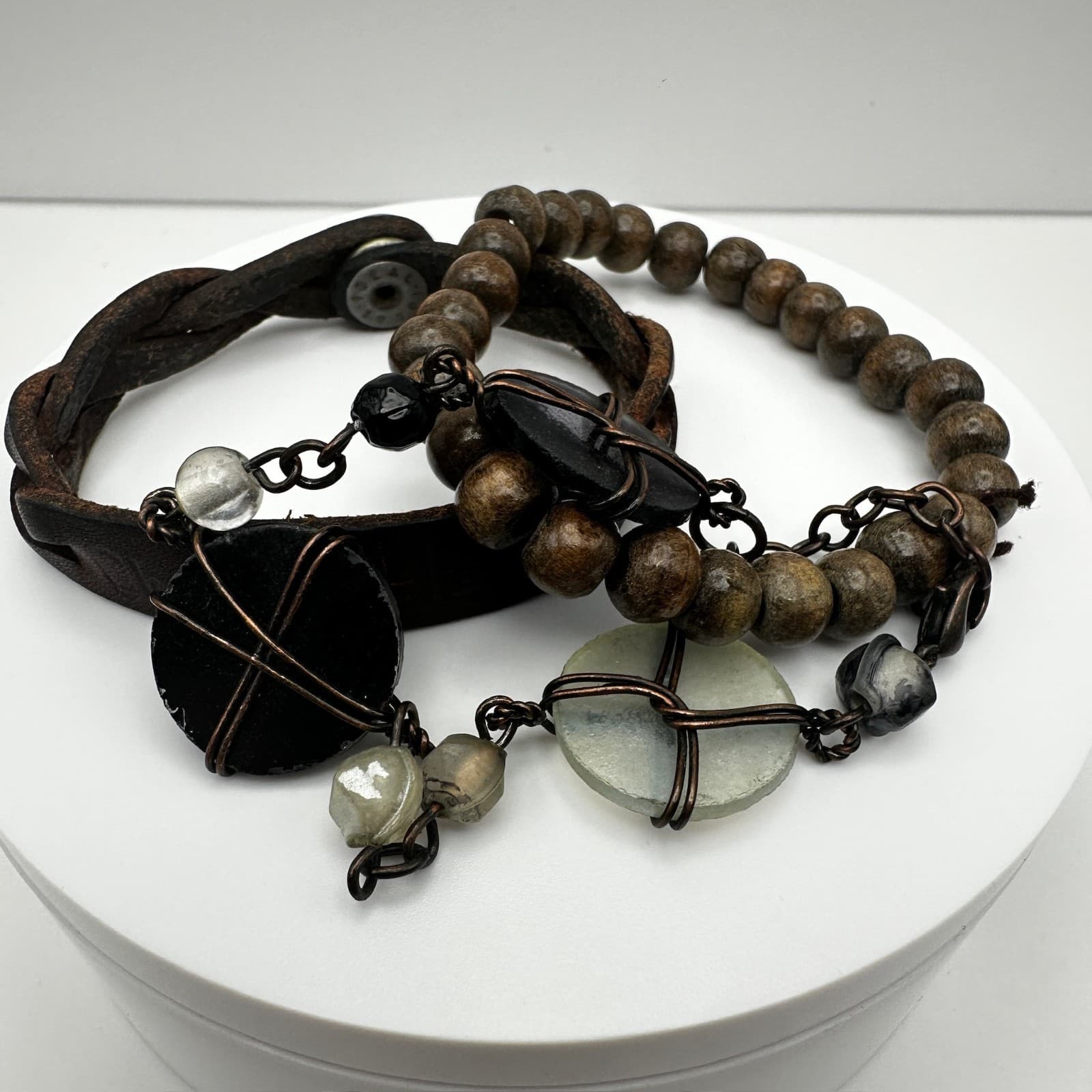 Vintage 80s Boho Layer Leather & Wood Bead Bracelets Wire-Wrapped Charms Jewelry - Image 1