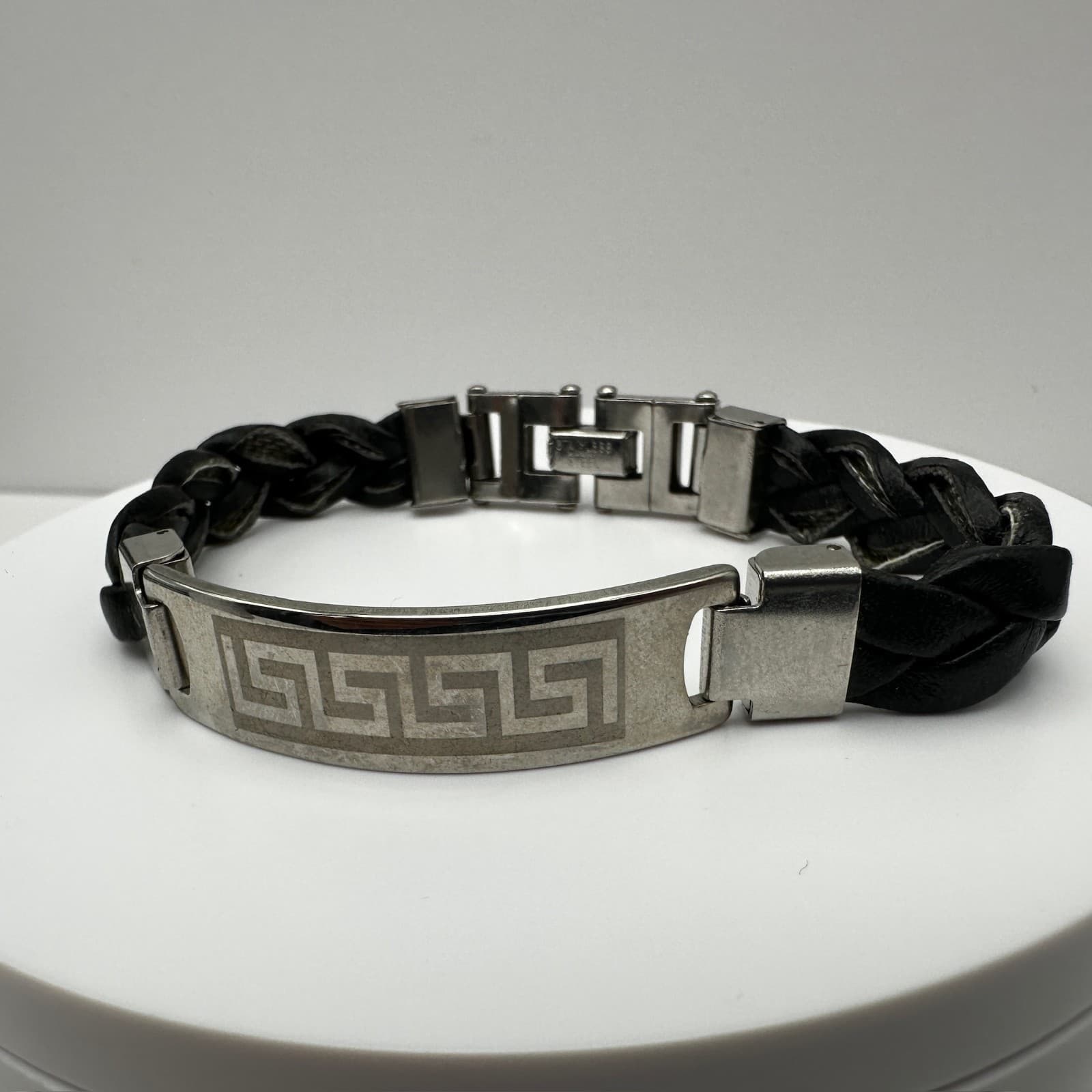 Vintage 90s Stainless Steel Black Braided Leather Bracelet Silver Tone Jewelry - Image 1