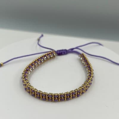 Vintage Purple Cord Gold Tone Beaded Bracelet Classic Rhinestone Style Fashion - Image 1