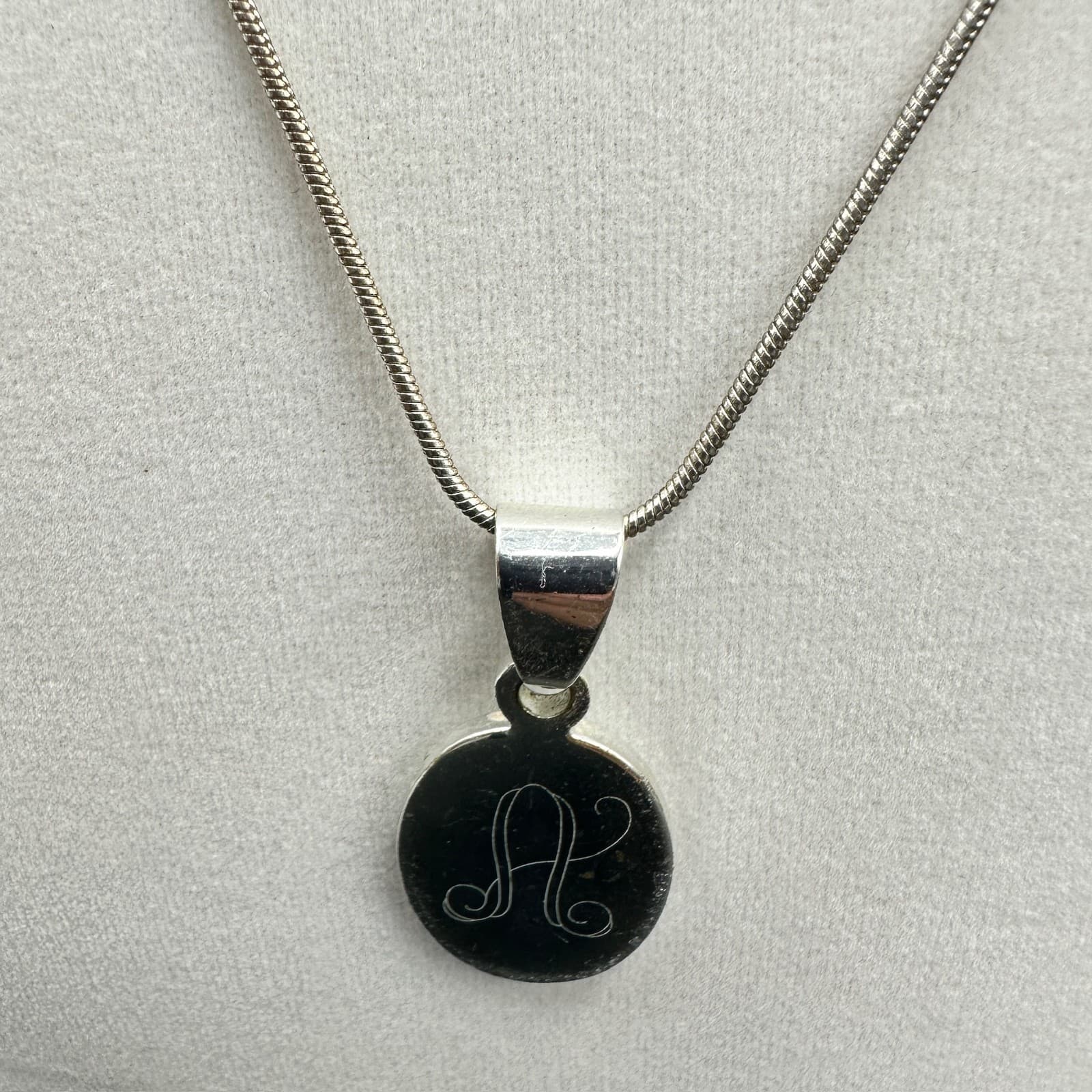 MSC Silver Oval Pendant Necklace Etched Initial “A” Minimal Classic Style - Image 1