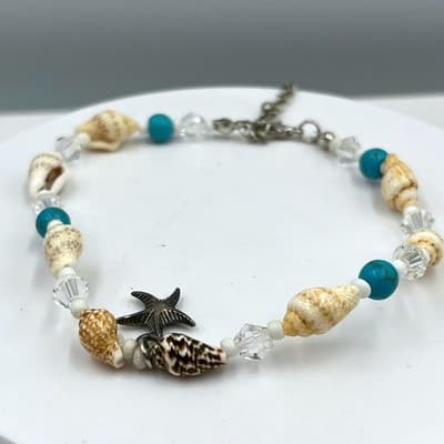 Vintage Seashell & Turquoise Beads Bracelet Starfish Charm Coastal Beach Jewelry - Image 1