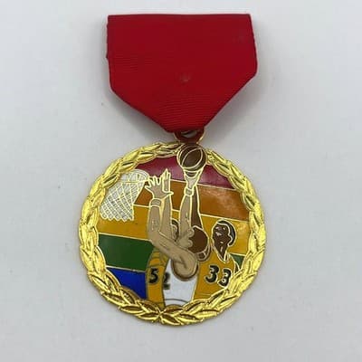 Vintage 1983 Margarita Basketball Medal Red Ribbon Enamel Gold Tone Sport Trophy - Image 1