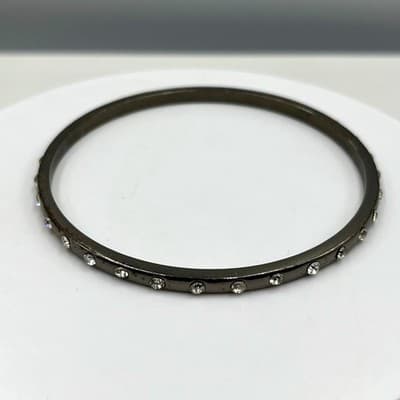 Vintage Gunmetal Tone Bangle Bracelet Rhinestone Accents Grey Sparkle Stackable - Image 1