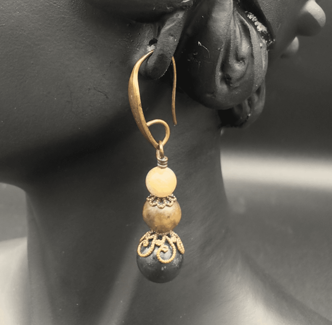 Vintage Beaded Dangle Earrings Boho Style Bronze Hook Charm Jewelry 80s - Image 1