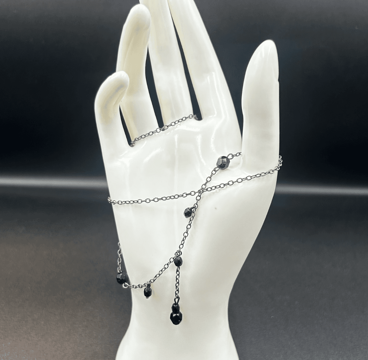 Vintage Black Beaded Hand Chain Bracelet with Dark Silver Chains Stylish Y2K 90s - Image 1