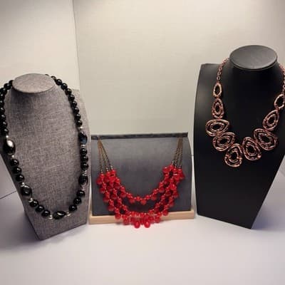Vintage Lot of 3 Statement Necklaces – Red Beaded, Black Glass, Rose Gold Tone - Image 1