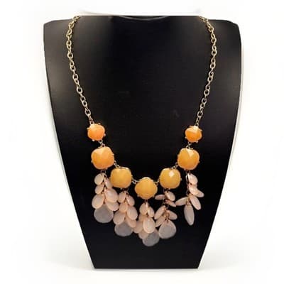Vintage Orange & Peach Statement Bib Necklace Gold Tone Chunky Bead Fashion - Image 1