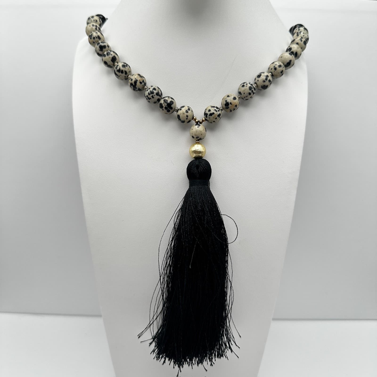 Vintage 90s Love's Affect Dalmatian Jasper Black Tassel Necklace Women's Jewelry - Image 1
