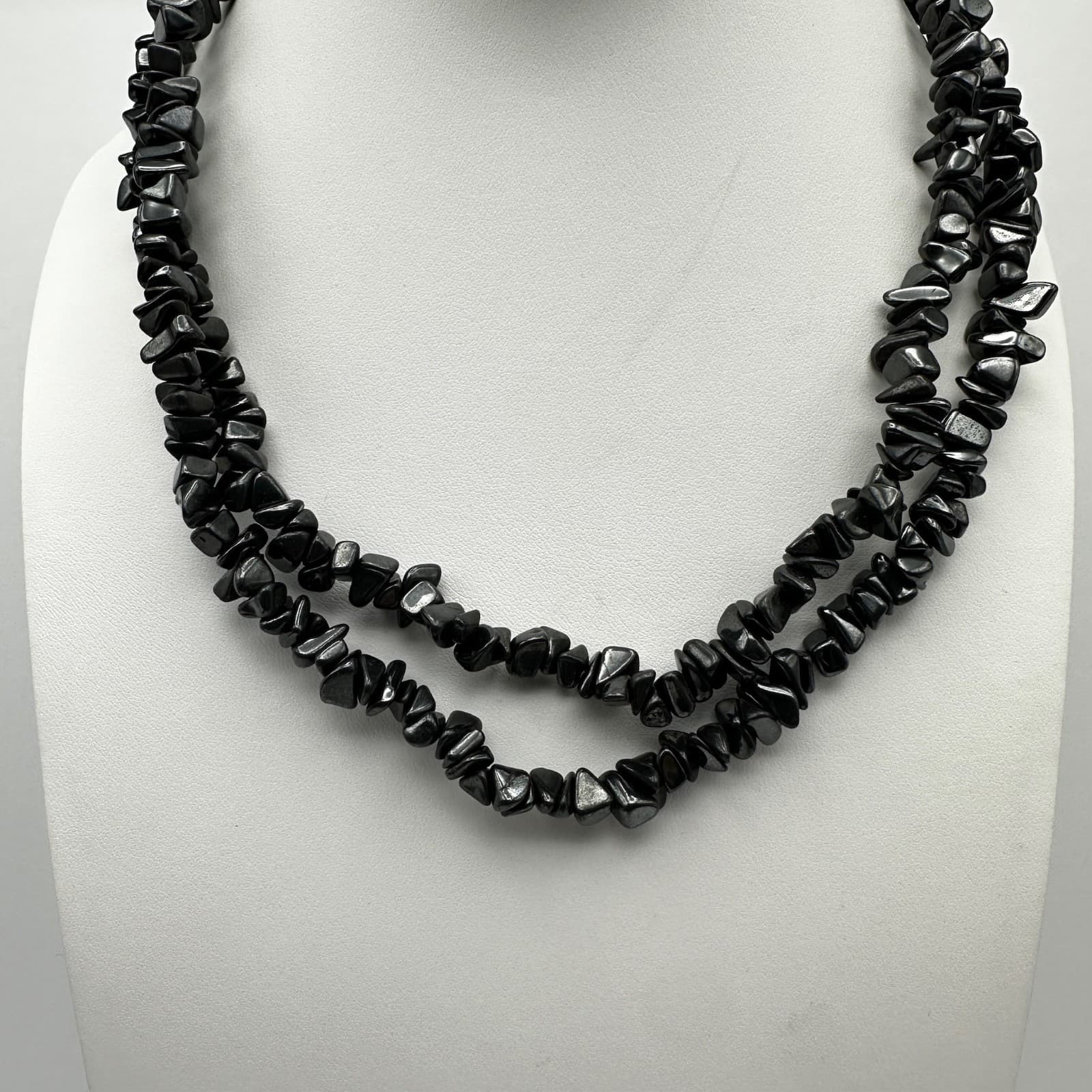 Vintage 80s Hematite Chip Stone Necklace Black Beaded Multi-Strand Boho Jewelry - Image 1